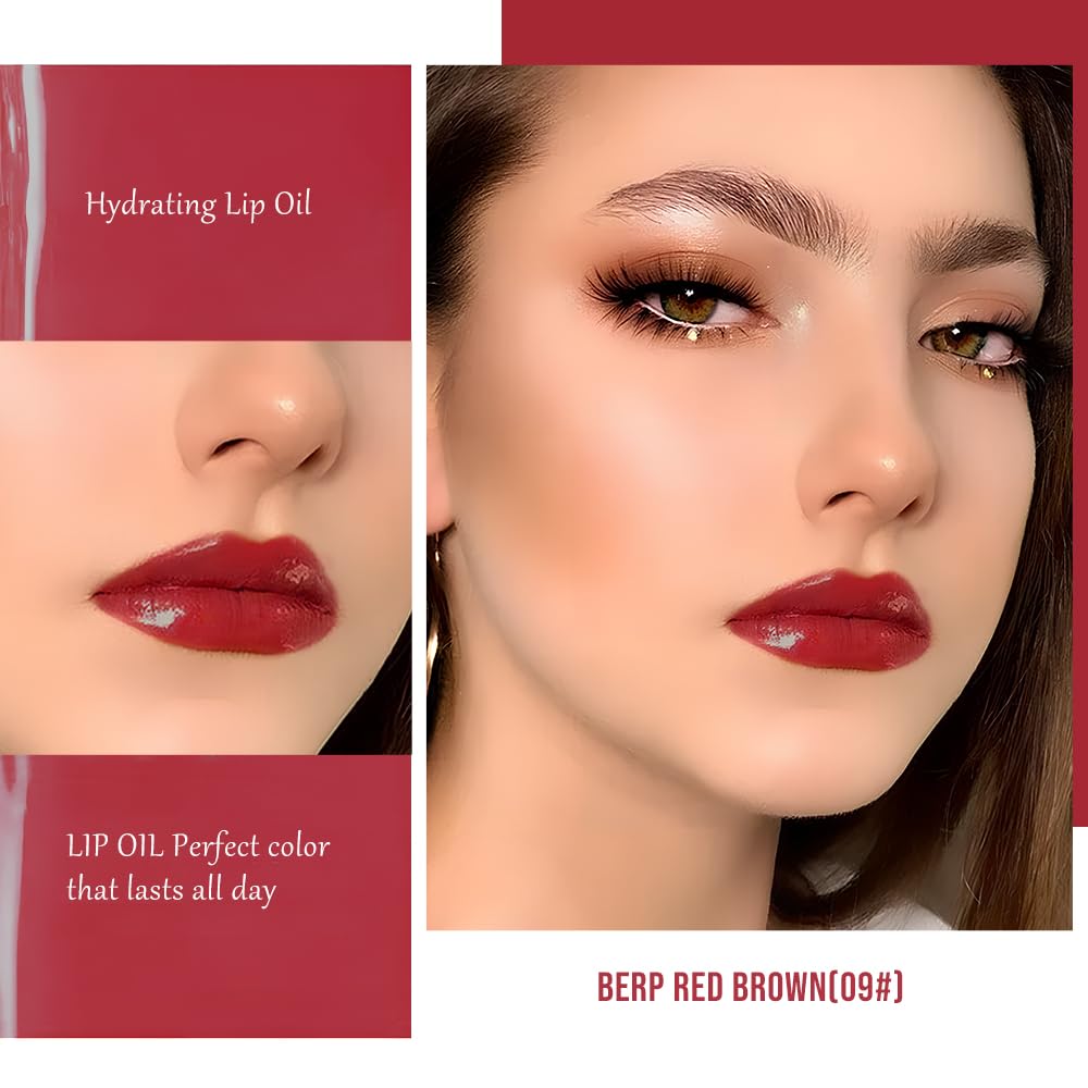 Hxssll Nourishing High-Shine Lip Gloss,Hydrating & Moisturizing Lip Tint, Non-Sticky, Long-Lasting Glossy Lip Stain,Softens & Plumps Lips for Smooth,Gentle Formula for Dry Lips 09#Deep Red Brown