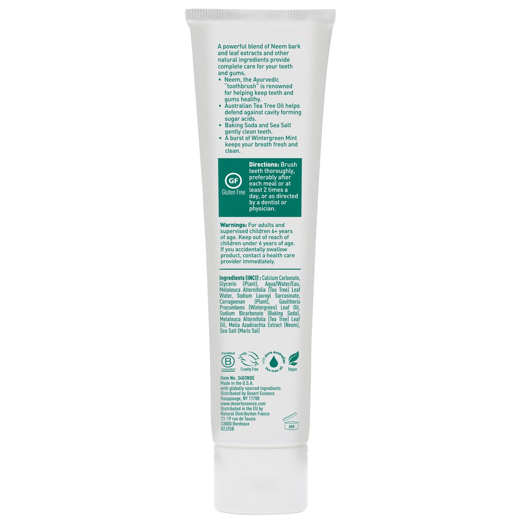 Desert Essence Tea Tree Oil and Neem Toothpaste, Wintergreen, 6.25 oz