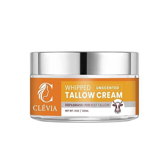 CLÉVIA 100% Grass-Fed Whipped Tallow Cream - 4 OZ Anti-Wrinkle Face and Body Balm with Jojoba Oil Non-Comedogenic - Deep Hydration for Dry, Sensitive and Irritated Skin (Unscented)