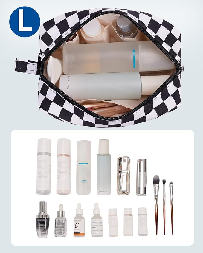 Narwey Checkered Makeup Bag, Travel Cosmetic Bag Organizer, Toiletry Bag Make Up Bags with Organized Pockets for Women (Black Checkerboard, Large)