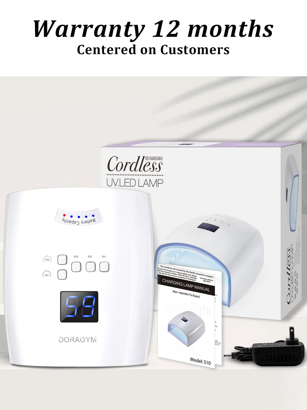 DORAGYM UV LED Nail Lamp, Cordless Gel Polish Dryer for Professional Gel Manicures - White