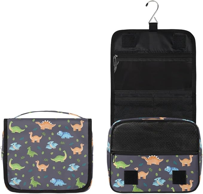 OMFUNS Cute Dinosaur Hanging Travel Toiletry Kit Bag with Hook for Men and Boys, Cartoon Dino Makeup Case Waterproof Cosmetic Bag Storage Bag Organizer for Accessories Toiletries