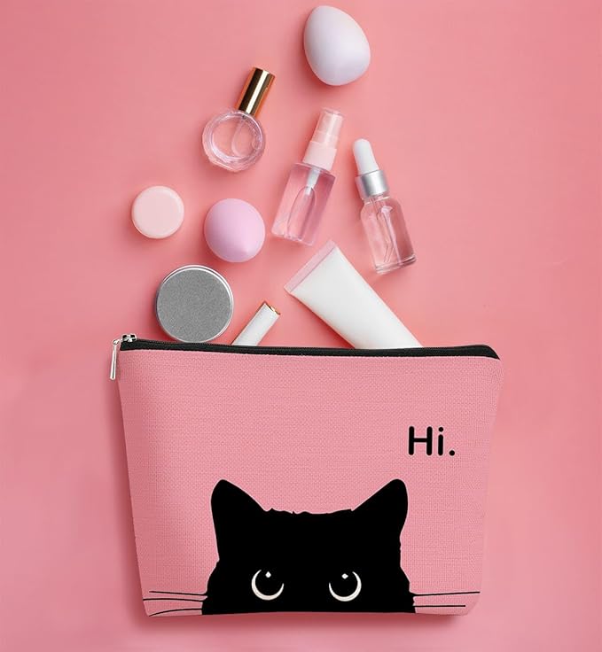 BARPERY Cute Cat Makeup Bag - Black & Pink, Small Cosmetic Bag for Women & Teen Girls, Birthday Gift for Cat Lovers & Owners