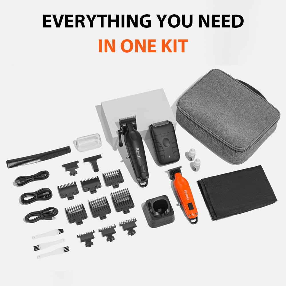 KEMEI KM-2293 3-Piece Cordless Barber Kit with Foil Shaver, Orange