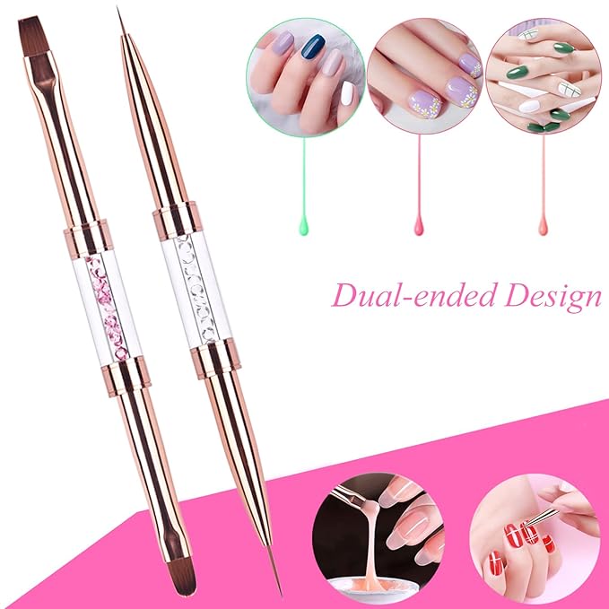 Ycyan 2Pcs Dual-ended UV Gel Nail Brush Set Rhinestone Handle Nail Art Design Brushes Professional Nail Tools Rose Gold