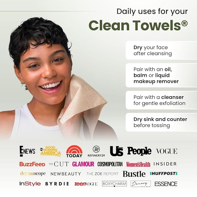 Clean Skin Club Bamboo Viscose Clean Towels® XL 100% USDA Biobased Face Towel, Disposable Face Towelette, Makeup Remover Dry Wipes, Ultra Soft, 50 Ct, 1 Pack