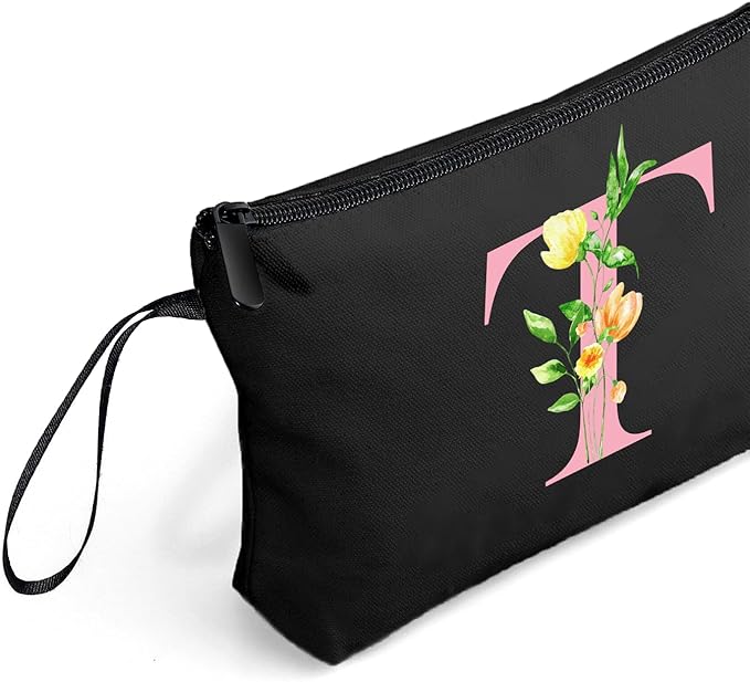A-Z Bridesmaid gifts for Women, Small Initial Makeup Bag with Mirror, T