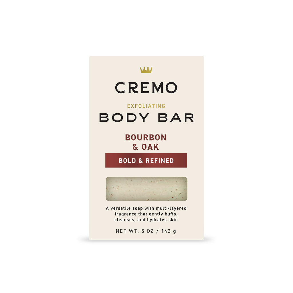 Cremo Exfoliating Body Bar for Men, Bourbon & Oak Scent, Multi-Layered Fragrance That Buffs, Cleanses and Hydrates Skin, 5oz