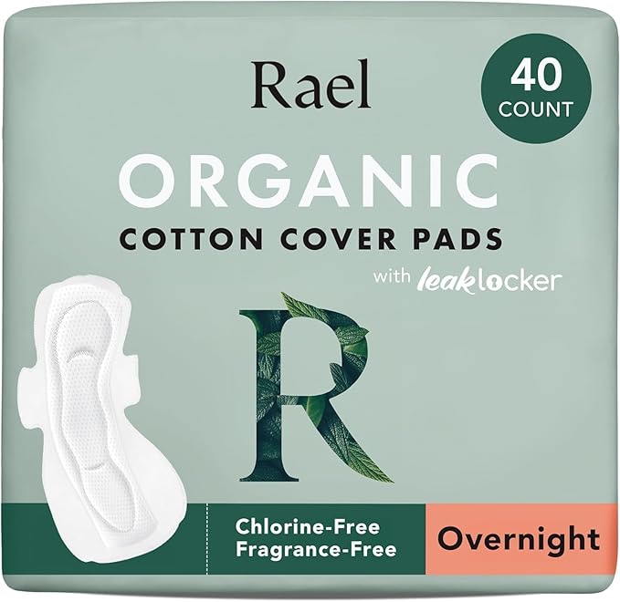 Rael Organic Cotton Cover Sanitary Pads for Women, Heavy (Overnight, 40 Ct)