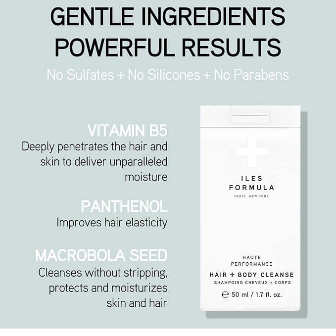 ILES FORMULA Hair + Body Cleanse Mini (50mL) – Luxury Shampoo and Body Wash, Sulfate-Free All-In-One Hair and Body Wash for Travel, Gentle Shampoo Body Wash for All Skin & Hair Types