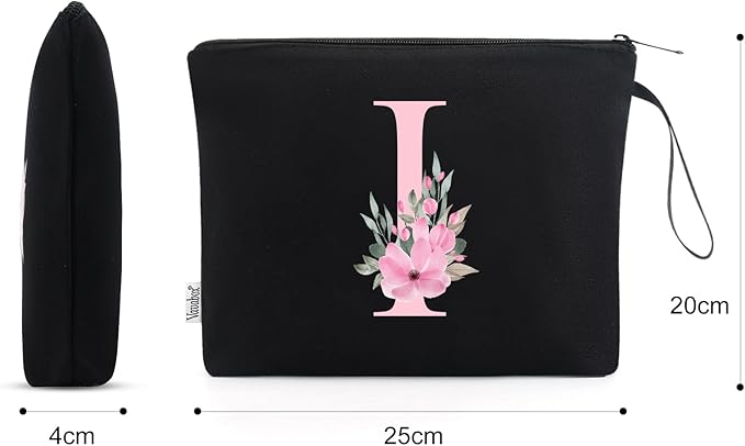 Vavabox A-Z Personalized Makeup Bag, Birthday Gifts for Women Mom, Gifts for Best Friend, Bride Bridesmaid Cosmetic bag (I, 02-Black)