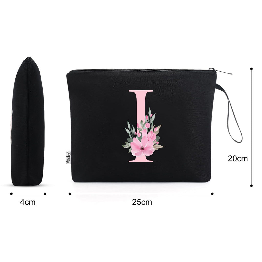 Vavabox A-Z Personalized Makeup Bag, Birthday Gifts for Women Mom, Gifts for Best Friend, Bride Bridesmaid Cosmetic bag (I, 02-Black)