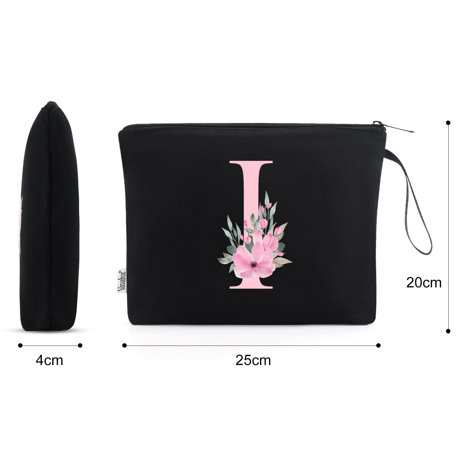 Vavabox A-Z Personalized Makeup Bag, Birthday Gifts for Women Mom, Gifts for Best Friend, Bride Bridesmaid Cosmetic bag (I, 02-Black)
