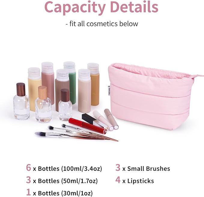Narwey Travel Makeup Bag for Women Girl, Puffer Makeup Up Organizer Bag Cosmetic Bag, Puffy Cute Makeup Pouch Purse, Travel Toiletry Bag (Pink)