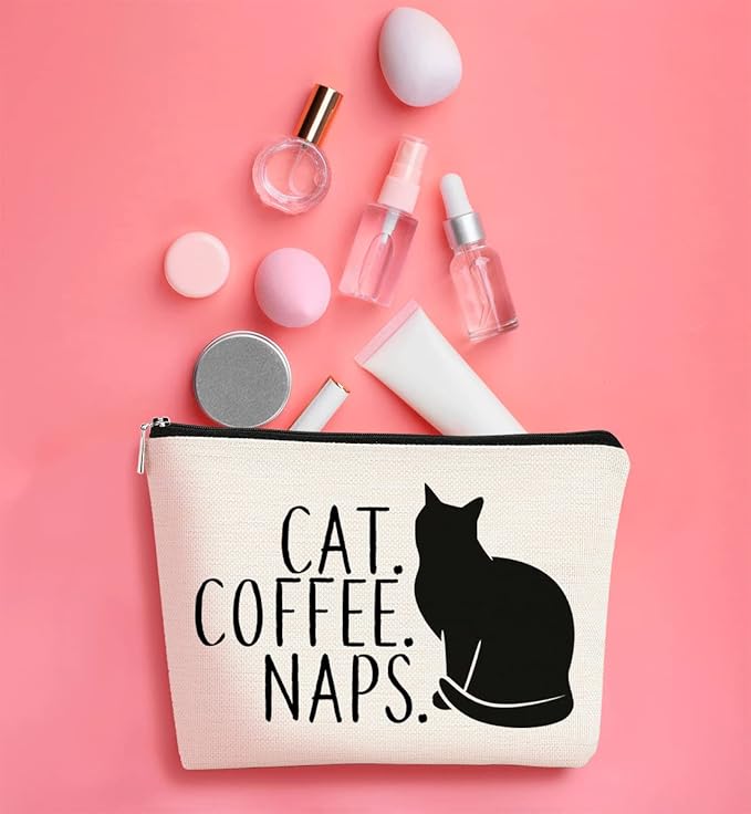 BARPERY Cat Coffee Naps Black Cat Funny Cartoon Kitty Kitten Makeup bag,Cosmetic Bag Zipper Travel Toiletry Bag Best Gift Idea for Cat Lovers Teen Girls,Cat Owners Gifts,Birthday Christmas's Gift