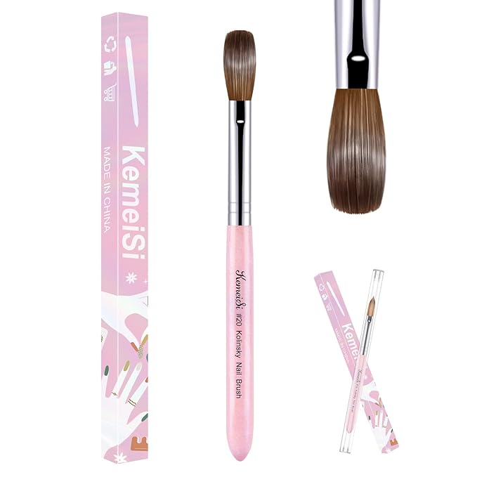KEMEISI Acrylic Nail Brush Size #20, 100% Pure Kolinsky Nail Art Brushes for Acrylic Application, Sturdy Starry Handle Oval Shaped Nail Design Tools for Professional Manicure DIY, Pink