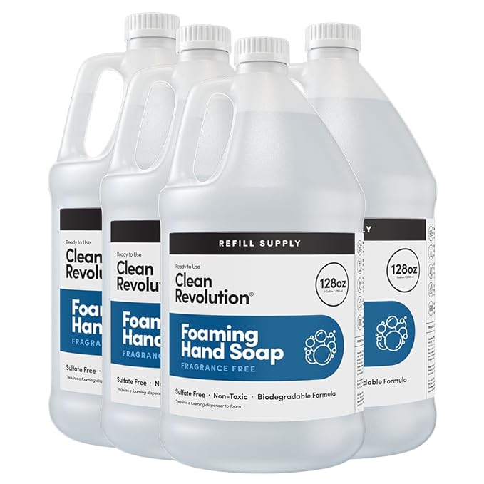 Clean Revolution Fragrance Free Foaming Hand Soap Refill, Moisturizing Sulfate-Free Hand Soap, Ready-to-Use Foam Soap Refill for Kitchen & Bathroom, Unscented (128oz, 4 Pack)