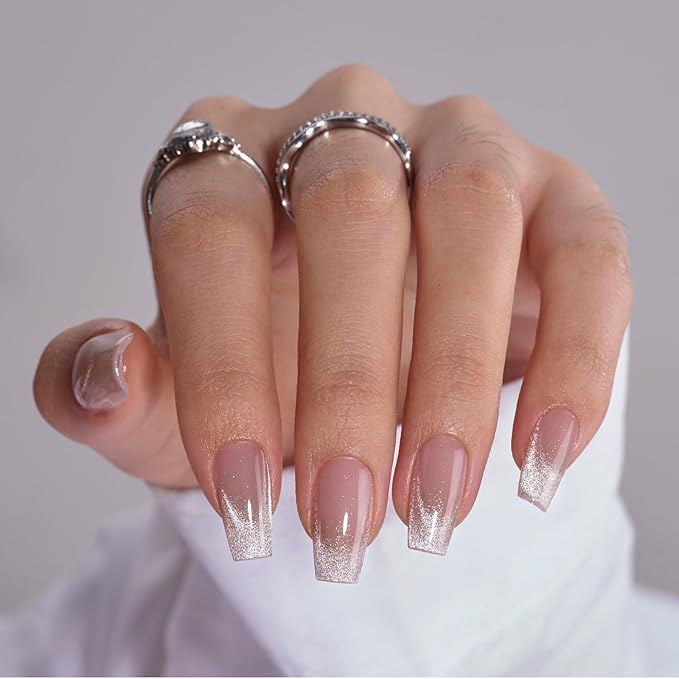 BTArtbox Press On Nails, Milky Way, Short Coffin, Cat Eye French, 32Ct