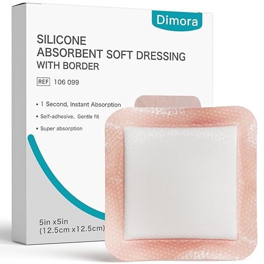Dimora Silicone Super Absorbent Wound Dressings - Gentle Adhesive Bandages with Ultrasorb Polymer,Heavy Exudate Wound Care Pads 5"X 5" 10 Count