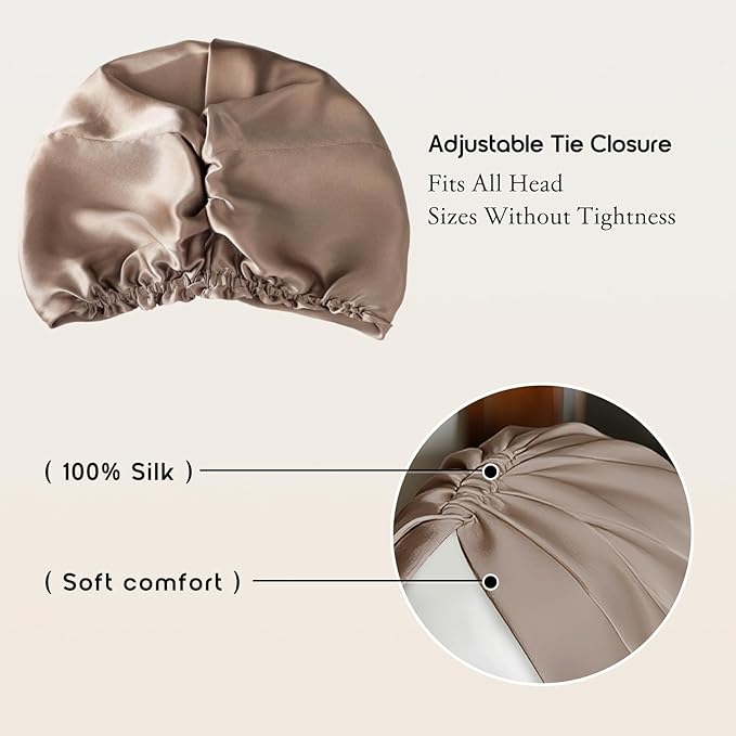 SYSERAN 100% Mulberry Silk Bonnet for Sleeping - Women Natural Curly Hair Night Cap Luxury Sleep Head Wrap with Elastic Band(Apricot)