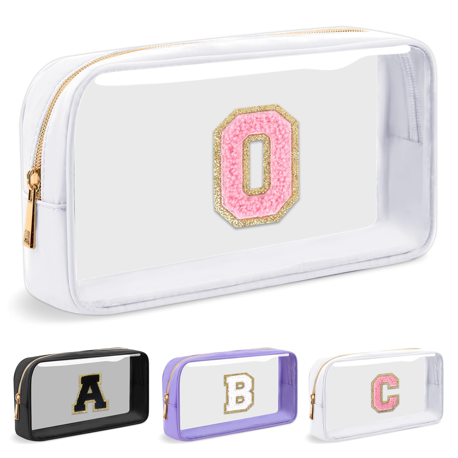 UIXIZQ Personalized Initial Letter Clear Makeup Bag,Preppy Small Nylon&PVC Cosmetic Zipper Bag with Chenille Letter,Travel Skincare Toiletry Bag,Monogram Christmas Gift for Teen Girls Women,O