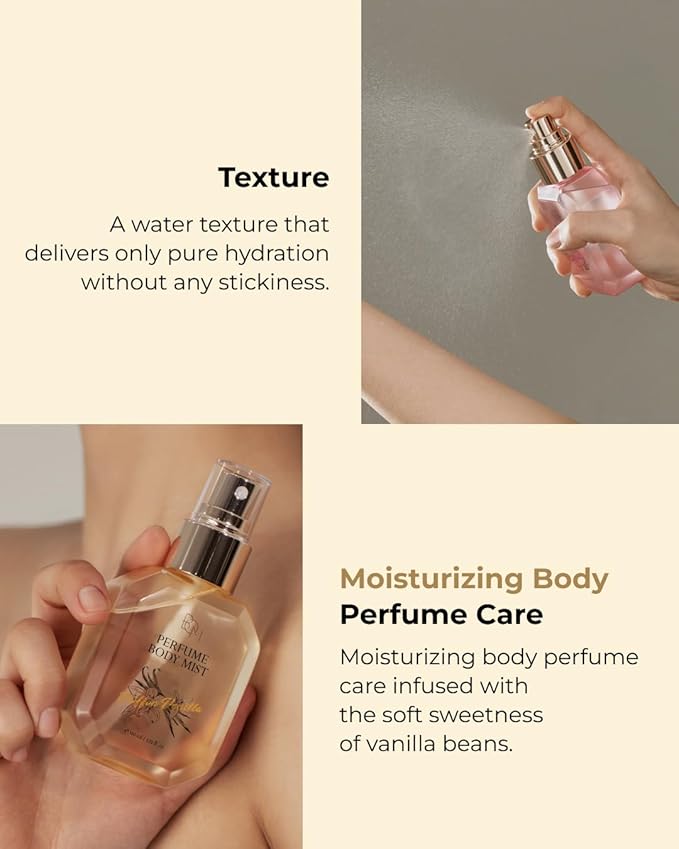 BOM Chiffon Vanilla Body Mist 3.71 Fl Oz, Vanilla Scented Fine Mist with Hyaluronic Acid, Niacinamide & Vitamin C, Hydrating, Lightweight, Korean Skincare