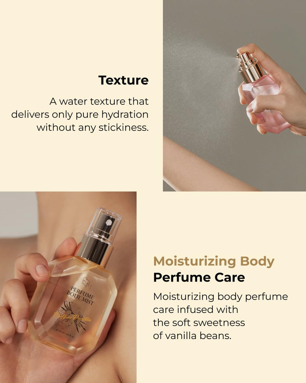 BOM Chiffon Vanilla Body Mist 3.71 Fl Oz, Vanilla Scented Fine Mist with Hyaluronic Acid, Niacinamide & Vitamin C, Hydrating, Lightweight, Korean Skincare