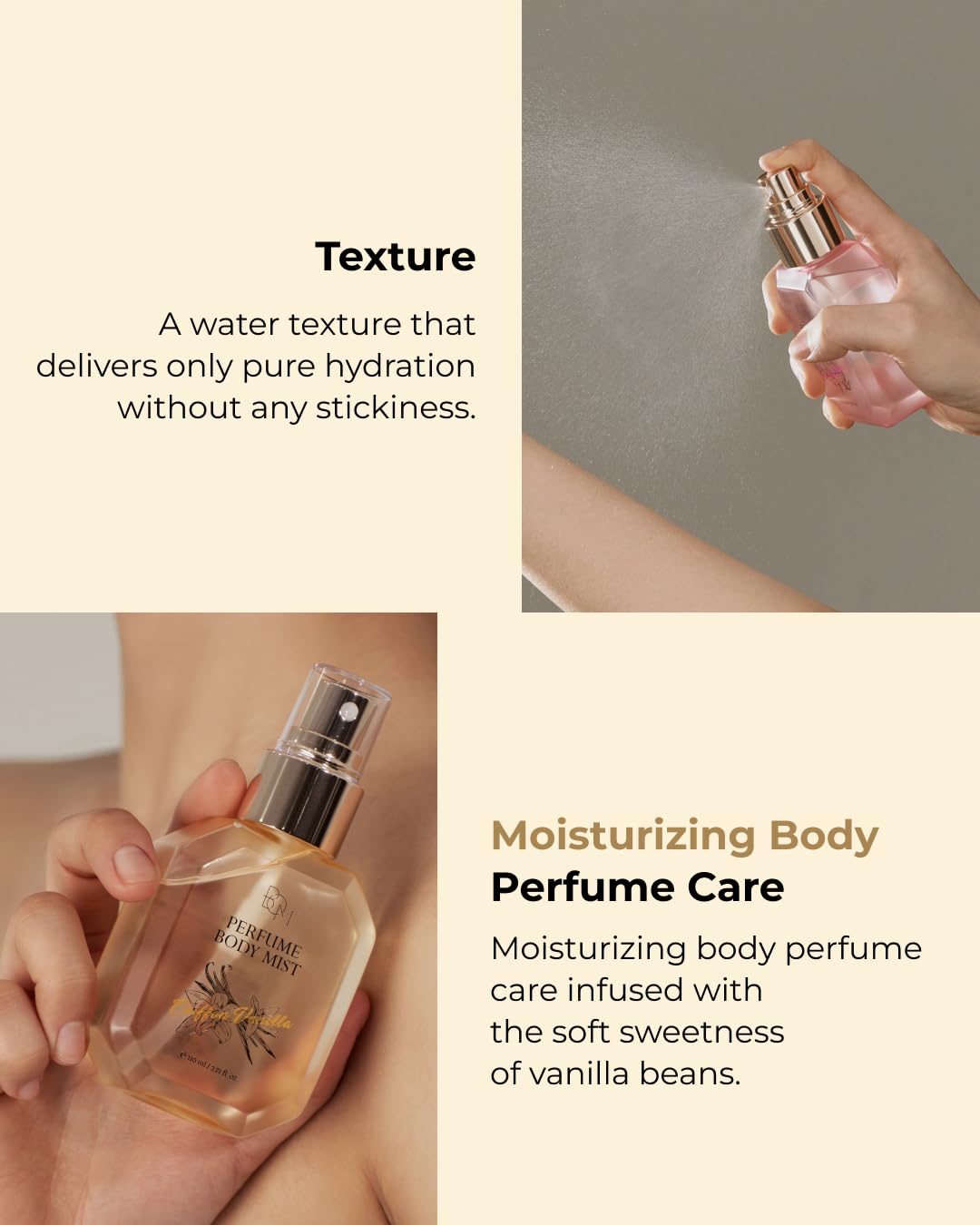 BOM Chiffon Vanilla Body Mist 3.71 Fl Oz, Vanilla Scented Fine Mist with Hyaluronic Acid, Niacinamide & Vitamin C, Hydrating, Lightweight, Korean Skincare