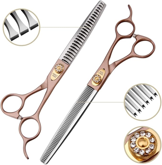 Fenice Peak 8'' Professional Dog Grooming Scissors Set Rose Gold 440C Stainless Steel Straight Thinning Curved Chunker Shears 4pcs Set for Pet Grooming Services Dogs and Cats