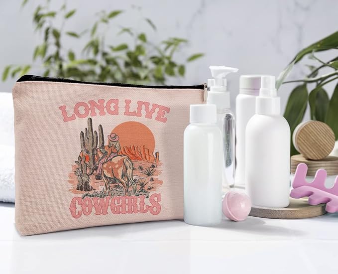 Dwept Pink Cowgirl Cosmetic Bag, Western Supplies for Women Makeup Bag for Purse, Western Makeup Bag, Long Live Cowgirls Preppy Gifts Cowgirl Gifts Pouch Bags, Western Bags for Women