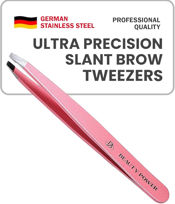 Beauty Power Tweezers for Women Facial Hair: Ultra Precision Tweezers for Women & Men, Sharp Slant Tweezer for Eyebrows, Ingrown Hair Removal. Professional Plucker, German Stainless Steel (Pink)