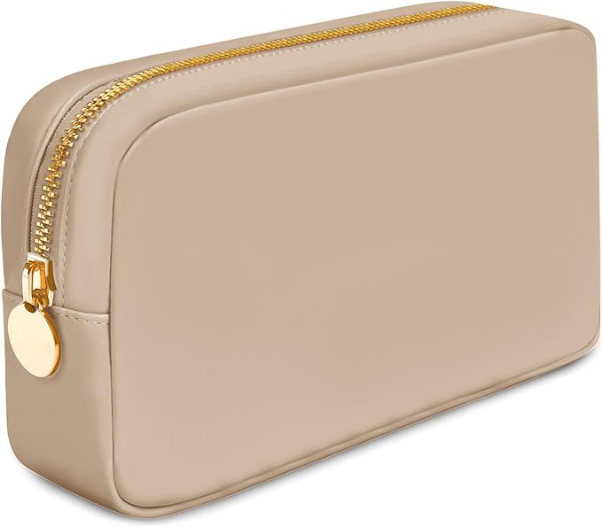 Dancour Small Zipper Pouch, Beige, 9.5in x 2in x 5in, Water Resistant, Nylon Material, Single Pocket, Perfect for Makeup, Toiletries, and Accessories