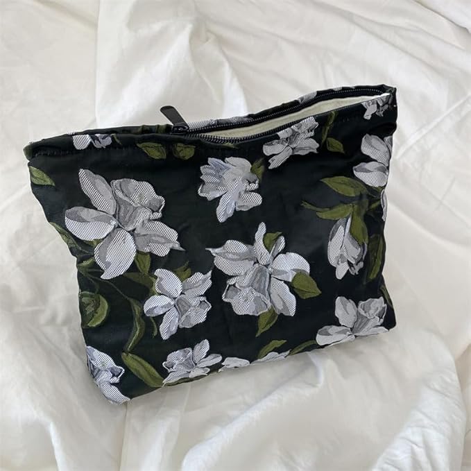 Flat Makeup Bag for Women,Zipper Cosmetic Pouch Purse,Brocade Floral Black