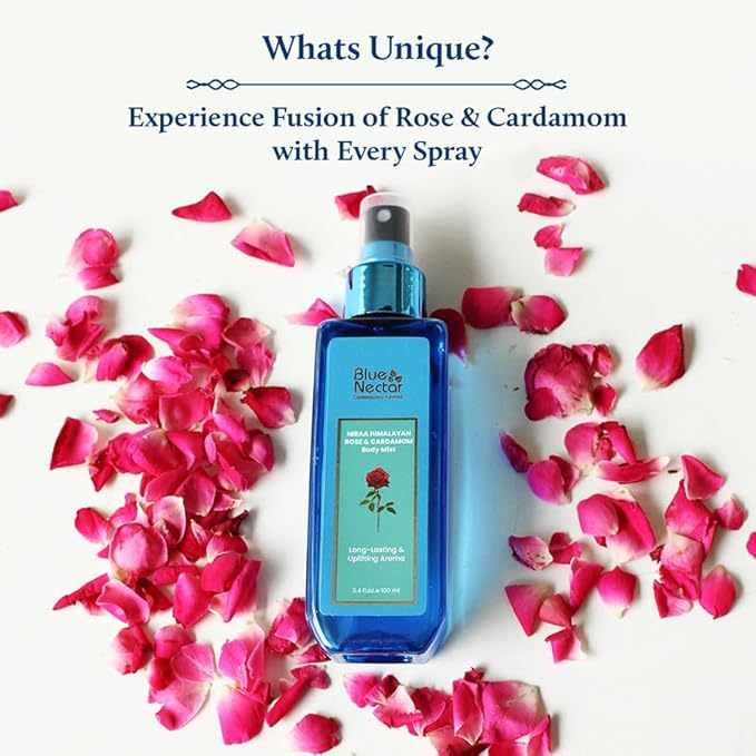 Blue Nectar Maharani Rose Attar Mist with Cumin & Sandalwood | Long-Lasting Perfume Mist for Women | Floral Essence | Travel-Friendly Body Mist Spray (3.38 Fl Oz)