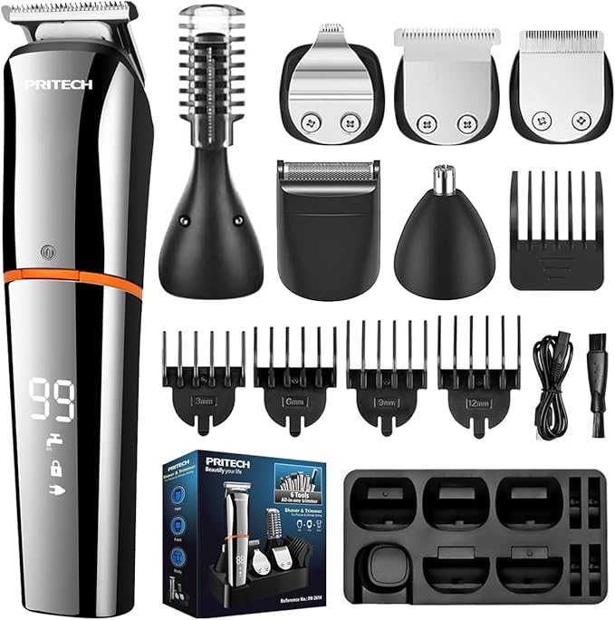 PRITECH Men's Grooming Kit, 6-in-1 Beard Trimmer & Hair Clipper, Cordless