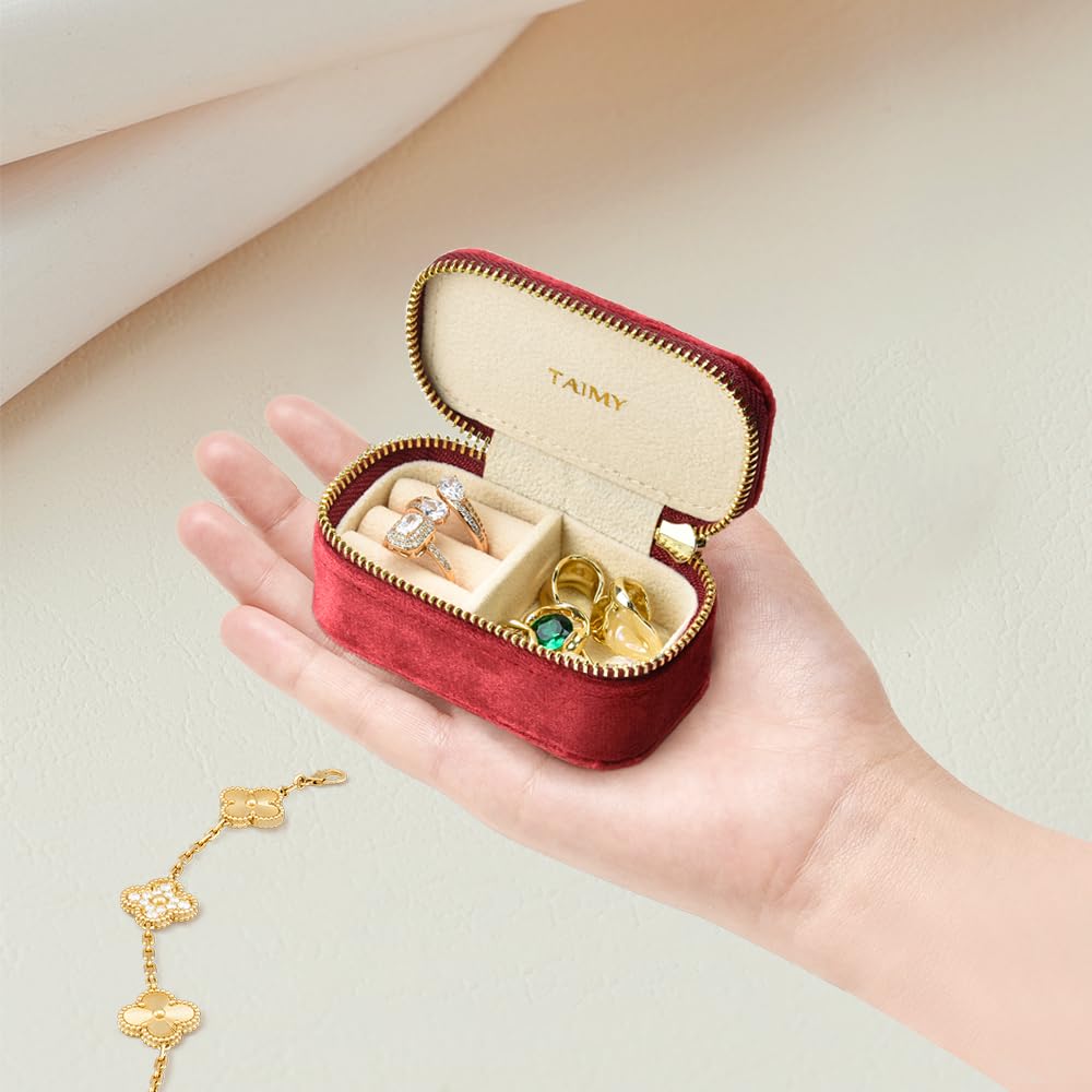 TAIMY Small Travel Jewelry Case, Mini Tiny Plush Velvet Jewelry Box for Women and Girls, Pocket Size Jewelry holder organizer for Rings Earrings and Small Items(Burgundy)