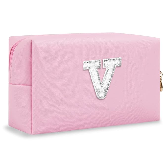 ChaoGreat Bride Gifts – Personalized Initial Makeup Bag with Pearl Rhinestone Patch, Preppy Pink Monogram Cosmetic/Toiletry Pouch, bridesmaid Gifts, Bridal Shower Gifts, Wedding Gifts, Bridal Gifts,V