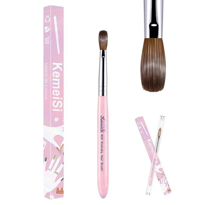 KEMEISI Acrylic Nail Brush Size #8, 100% Pure Kolinsky Nail Art Brushes for Acrylic Application, Sturdy Starry Handle Oval Shaped Nail Design Tools for Professional Manicure DIY, Pink