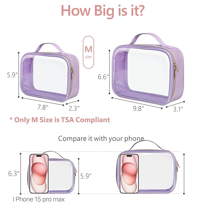 PACKISM Clear Makeup Bag Travel - TSA Approved Toiletry Bag, 2 Pack Purple