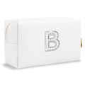 Small Personalized Initial A-Z Preppy Patch Makeup Bag,White PU Chenille Letter Travel Cosmetic Pouch with Zipper,Cute Toiletry Bag,Gift Ideal for Teen Girls Women Teacher Bridesmaid,Letter B