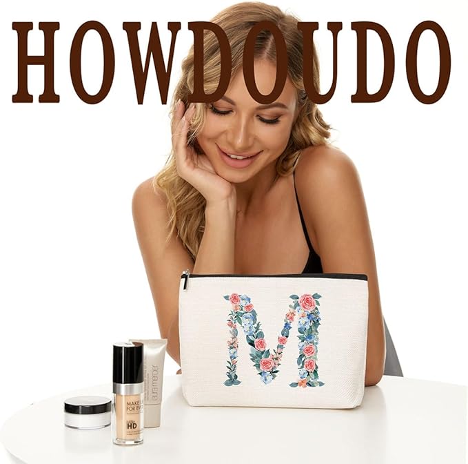 Personalized Initial Letter M Makeup Bag Floral Travel Cosmetic Bag