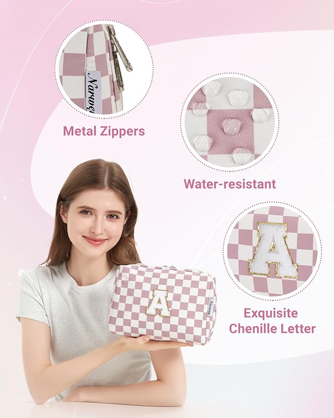 Narwey Graduation Gifts for Teen Girls Kids Tween, Initial Makeup Bag, Trendy Stuff 6-18 Years Old, Personalized Monogram Travel Cosmetic Bag, Birthday Teacher Bridesmaid Mom Gifts for Women (A)
