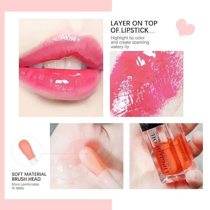 GECOMO Hydrating Lip Glow Oil, Lip Oil Gloss Transparent Toot Tinted Nourishing Long Lasting Repairing Lightening Lip Lines (RASPBERRY) 0.2 OZ