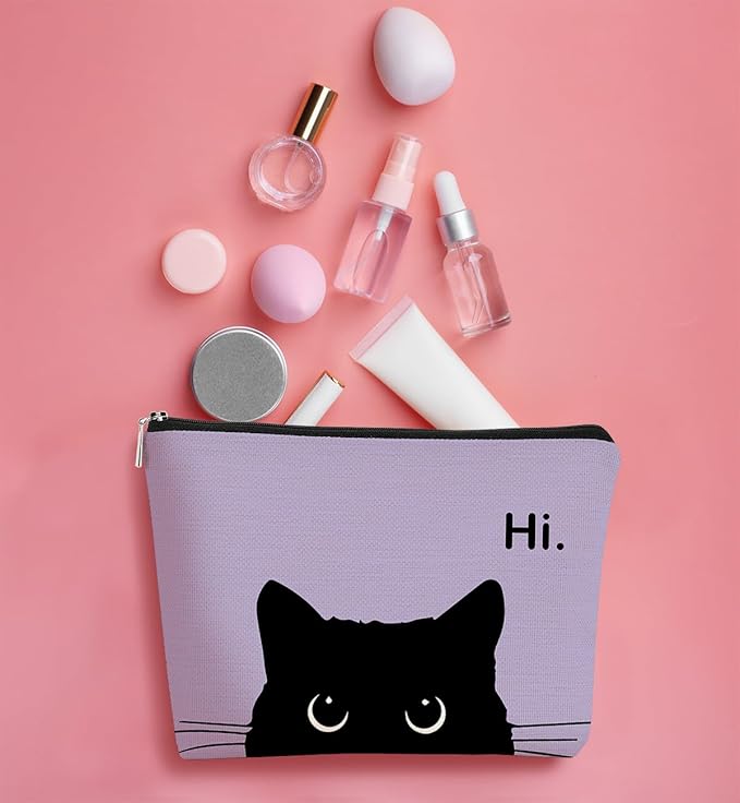 BARPERY Cute Cat Makeup Bag, Black Kitty Cosmetic Pouch - Retro Stripes