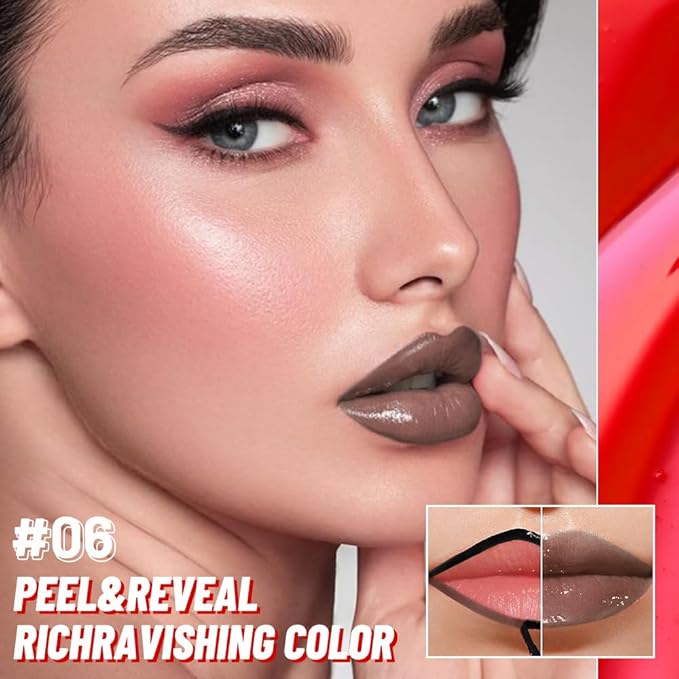 Brown Peel off Lip Stain Lip Oil Dual Ended Combo Set with Tweezer, 2 in 1 Lips Liner Stain Oil Long Lasting Waterproof, High Pigmented Flawless Lips Tint Stick Not Faded Vegan & Cruelty-free