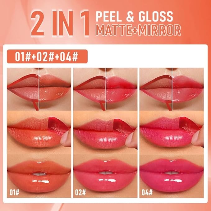 B12 3Pcs Peel Off Lip Gloss Tattoo and Lip Oil, Lip Stain Peel Off Masque - Peel Off Lip Tint,Long Lasting Waterproof Transfer-proof Lip Mask Lip Gloss Peel Off Lip Liner,Stay Lip Makeup 01#+02#+04#