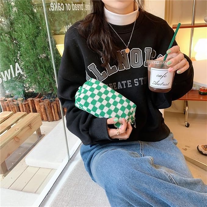 Checkered Makeup Bag for Purse, Small Travel Cosmetic Pouch,Green,6 Pack