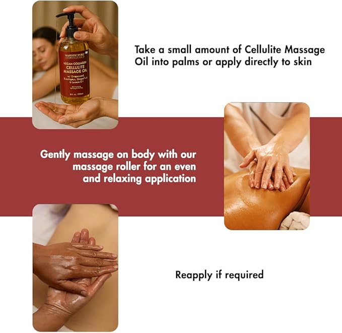 Majestic Pure Cellulite Massage Oil, Toning Body Blend, with Roller 8 Fl Oz