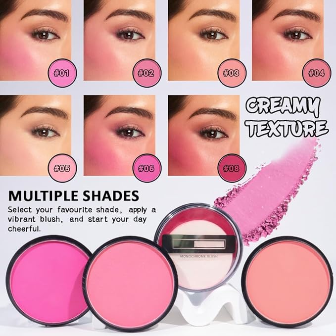 HHLTOH Natural Single Matte for Face Cheeks Blush with Makeup Powder Puff, Rose Pink Monochrome Blush Cream Powder Makeup Palette Blushes Long-lasting Color Blendable Foundation for Women Every Day 01