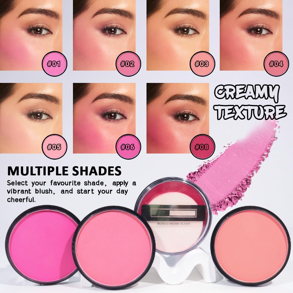 HHLTOH Natural Single Matte for Face Cheeks Blush with Makeup Powder Puff, Rose Pink Monochrome Blush Cream Powder Makeup Palette Blushes Long-lasting Color Blendable Foundation for Women Every Day 01